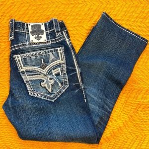 Men’s Rock Revival Blue Denim with White Leather Trim - Size 32. Slim Boot Fit.